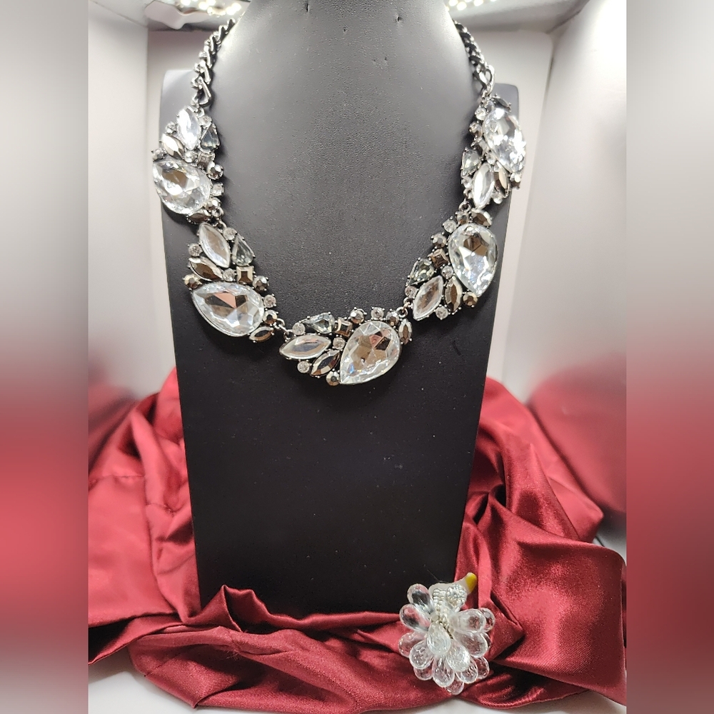 Vintage Bold Chunky Necklace With Rhinestones & Hematite Stones + Ring
